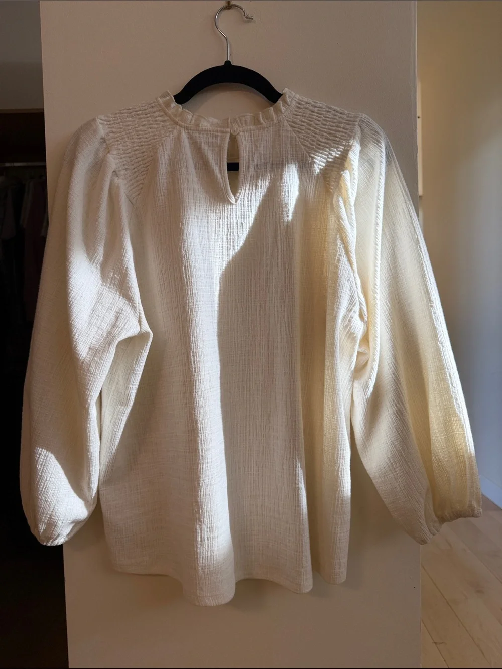 Anthropologie Cream Smocked Yoke Ruffle Neck Blouse - Picture 3 of 3